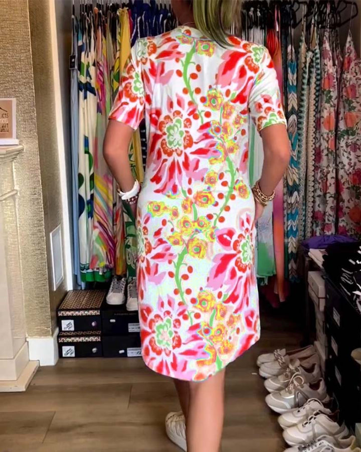 Ivendra - Short Sleeve Floral Print Dress