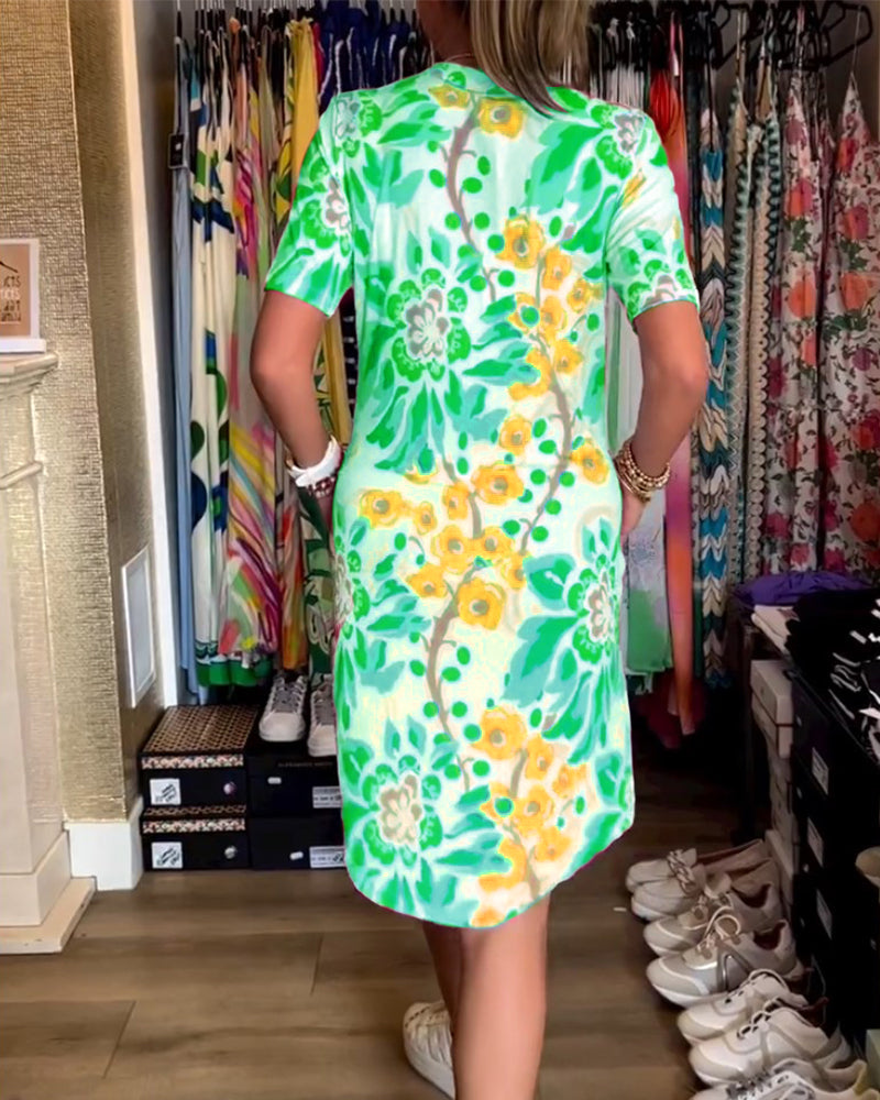 Ivendra - Short Sleeve Floral Print Dress