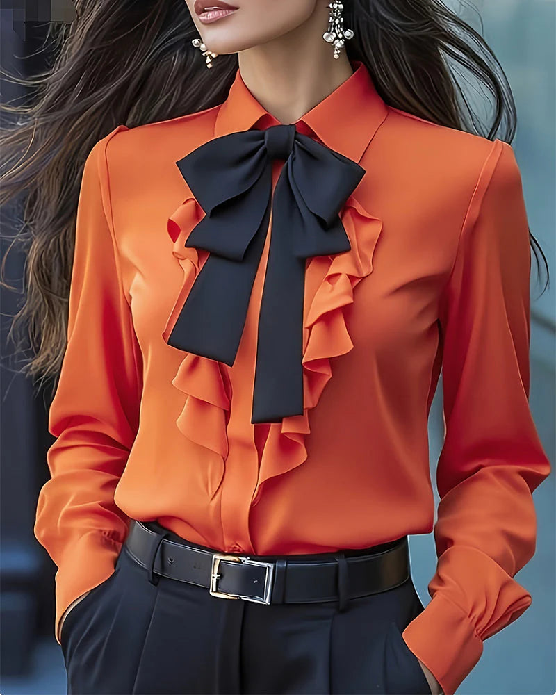 Knot Detail Ruffle Blouse – Long Sleeve Elegant Top for Refined Everyday & Smart Styling