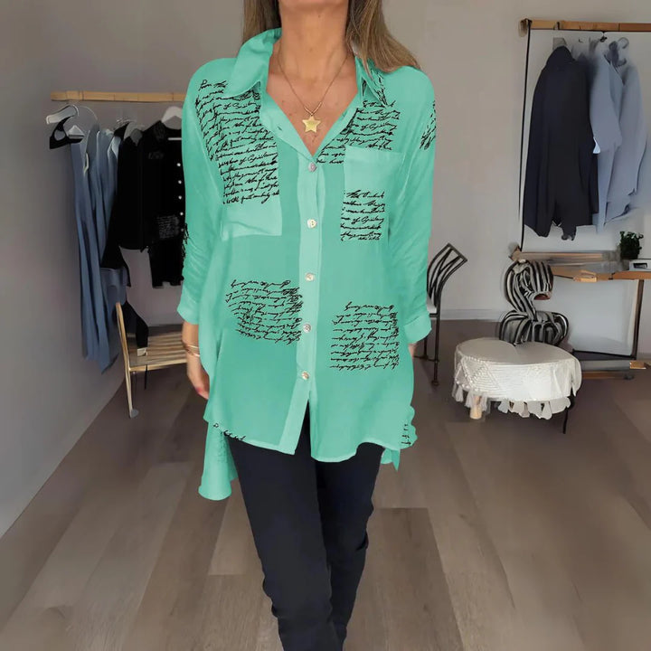 Handwritten Print Button-Up Shirt – Lightweight Artistic Top for Casual & Creative Everyday Styling