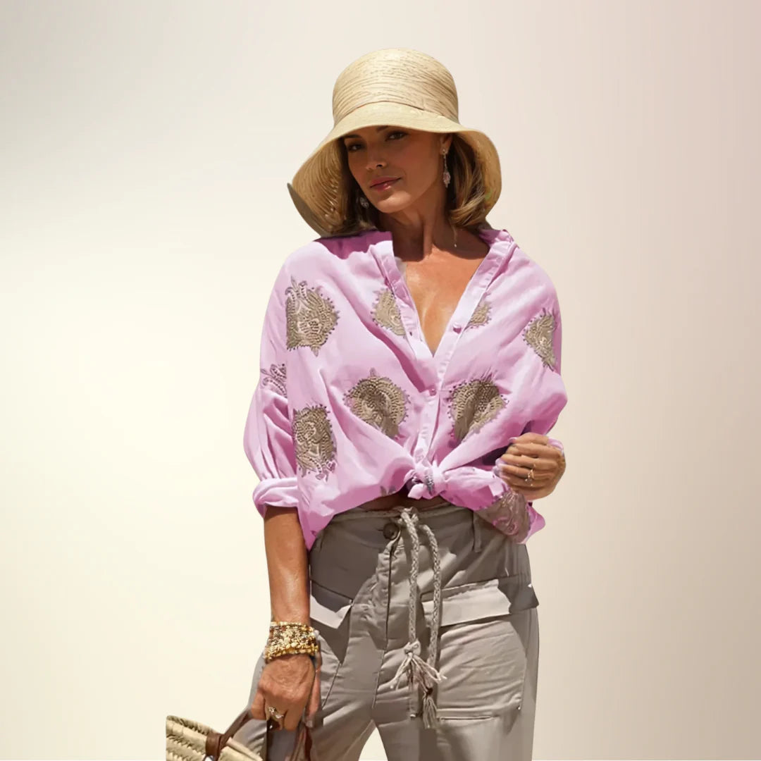 Embroidered Detail Button-Up Shirt – Elegant Relaxed Fit Top for Casual & Smart Everyday Wear