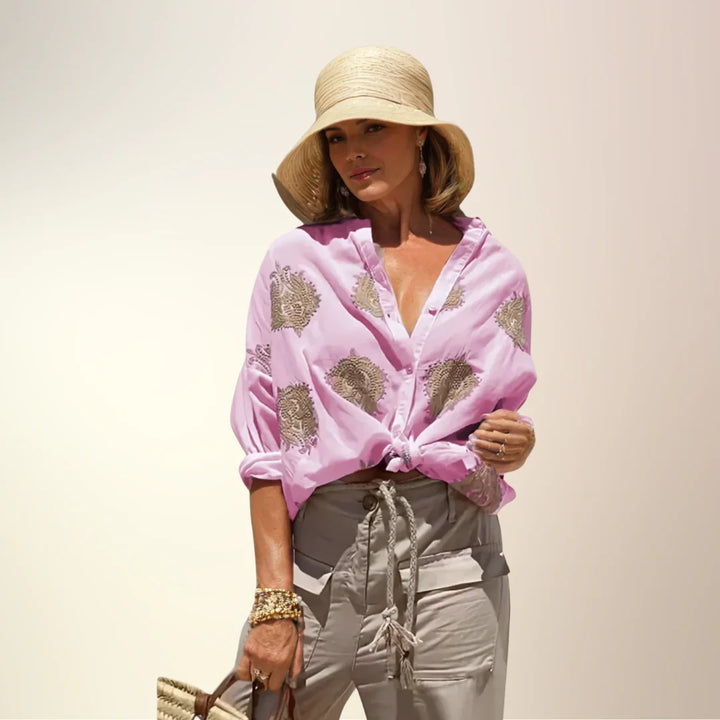 Embroidered Detail Button-Up Shirt – Elegant Relaxed Fit Top for Casual & Smart Everyday Wear