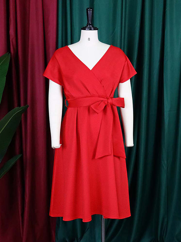 Bowknot Lace-Up Solid Color V-Neck Midi Dresses