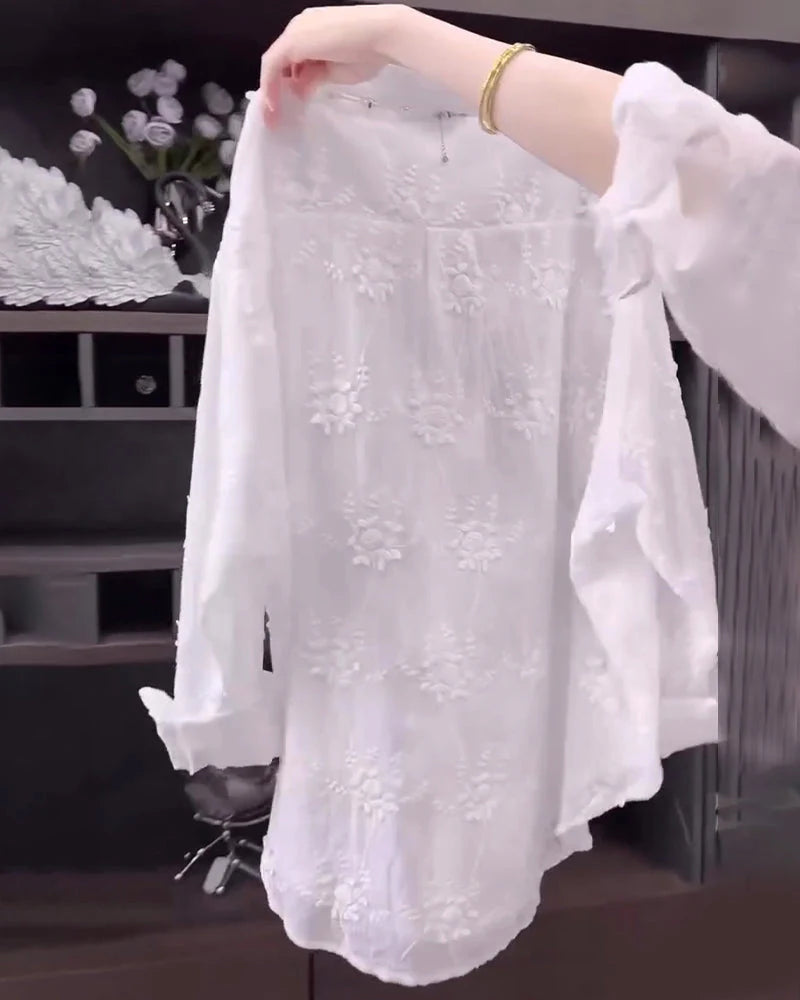 Dropped Shoulder Embroidered Shirt – Relaxed Fit Solid Color Top for Modern Everyday Style