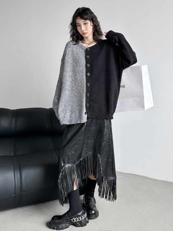 A-Line Irregularity Asymmetric Buttoned Crocodile Texture Solid Color Tasseled Skirts Bottoms