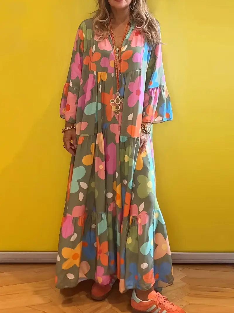 Women’s Floral Print Swing Dress – Long Sleeve Elegant Commute Style
