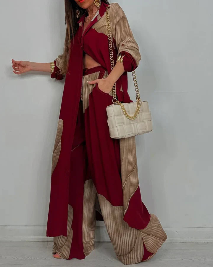 Skye - Stylish Patchwork Printed Top & Wide Leg Pants Set for a Chic Look