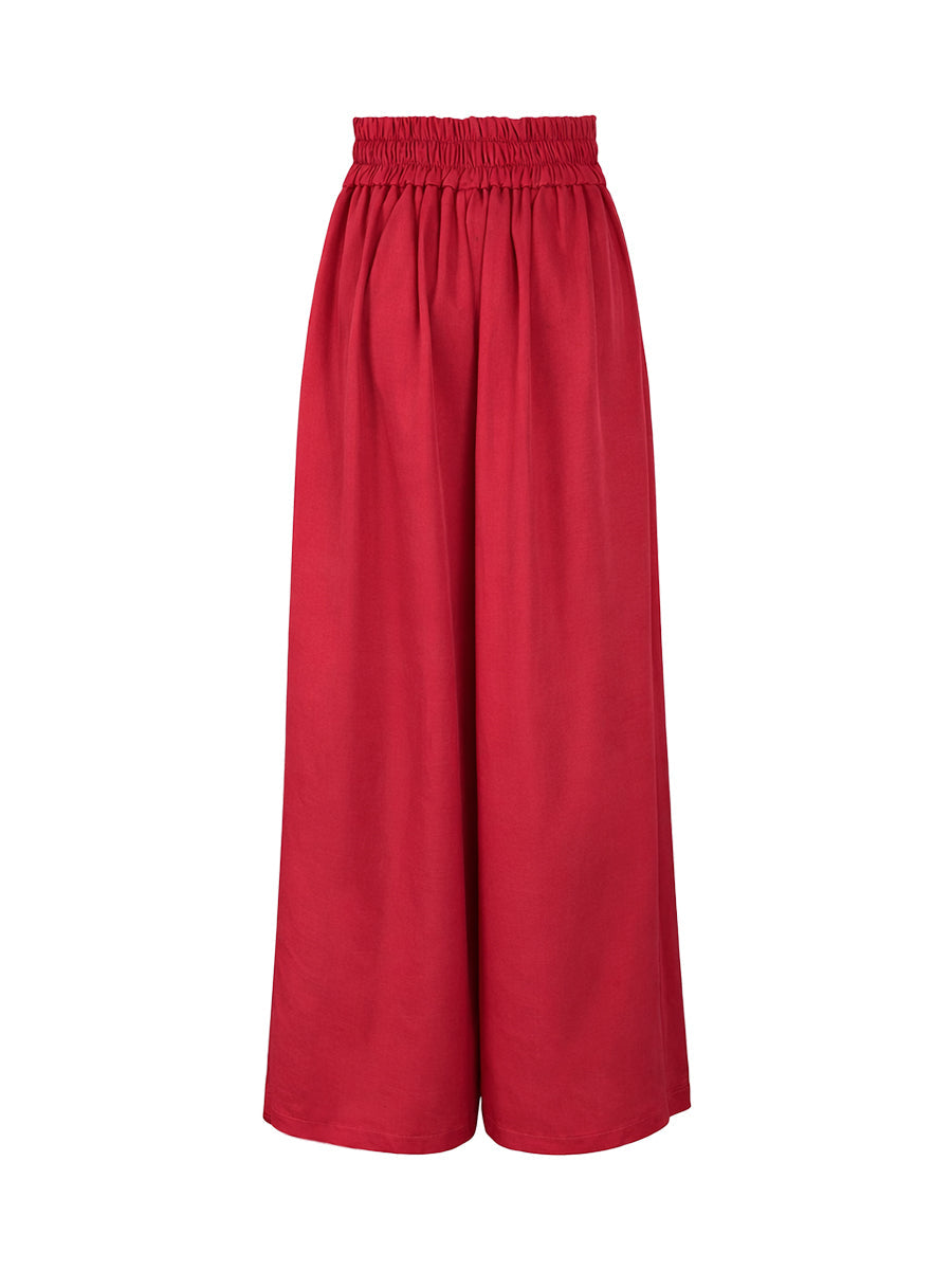 Elasticated Waist High Waisted Big Hemline Pleated Pockets Solid Color Zipper Wide Leg Pants