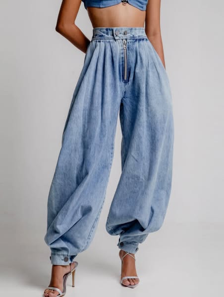 Women’s High-Waist Zipper Denim Harem Pants – Pleated Balloon Fit with Ankle Detail
