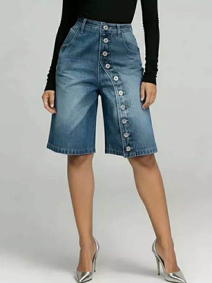 High Waisted Wide Leg Asymmetric Buttoned Pockets Solid Color Split-Joint Denim Shorts