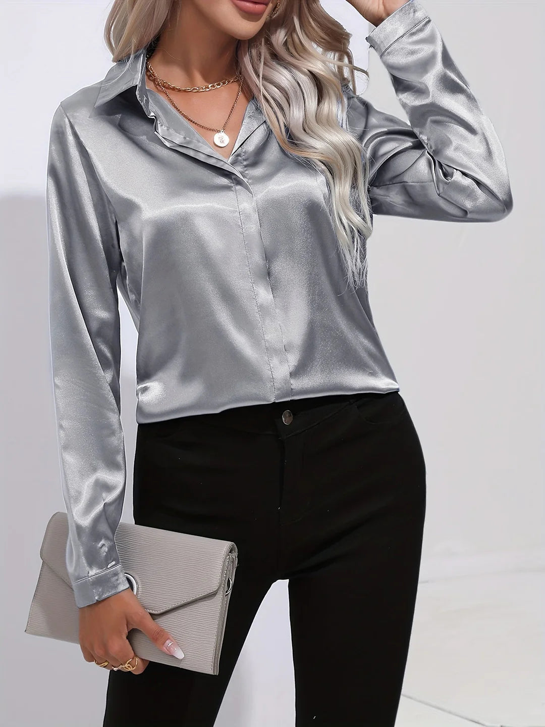 Satin Button-Up Blouse – Elegant Smooth Finish Shirt for Work & Smart Everyday Styling