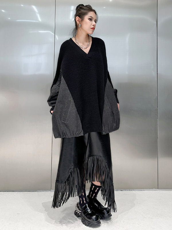 A-Line Irregularity Asymmetric Buttoned Crocodile Texture Solid Color Tasseled Skirts Bottoms