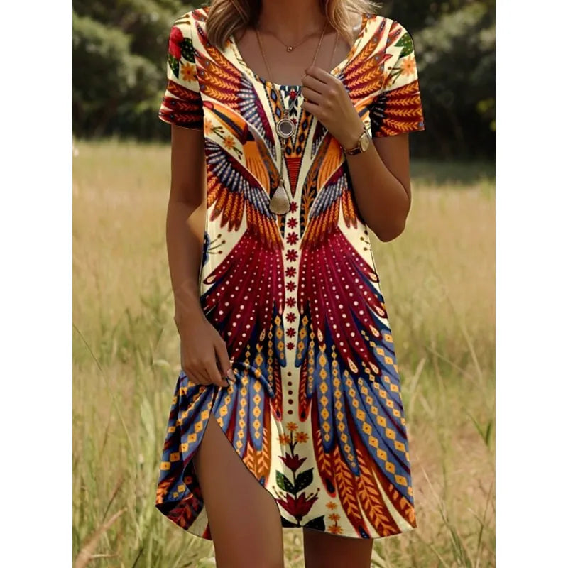 Women’s Printed Round Neck Short Sleeve Dress – Artistic Peacock & Floral Design