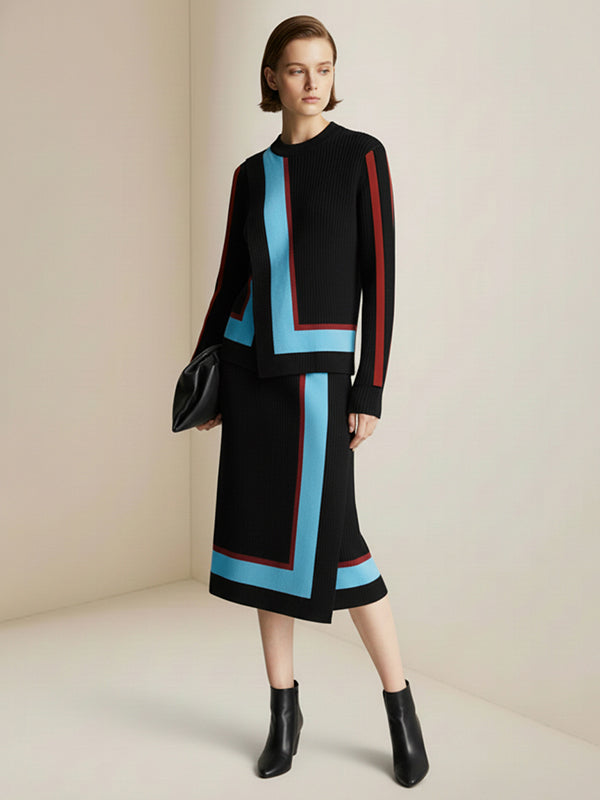 Irregularity Asymmetric Contrast Color Split-Joint Skirts Bottoms