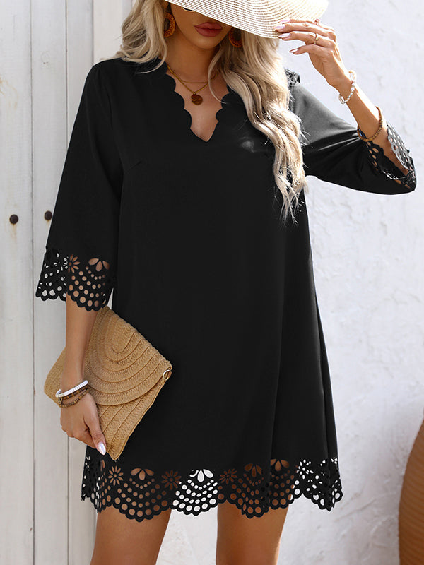 A-Line Loose Hollow Solid Color V-Neck Mini Dresses