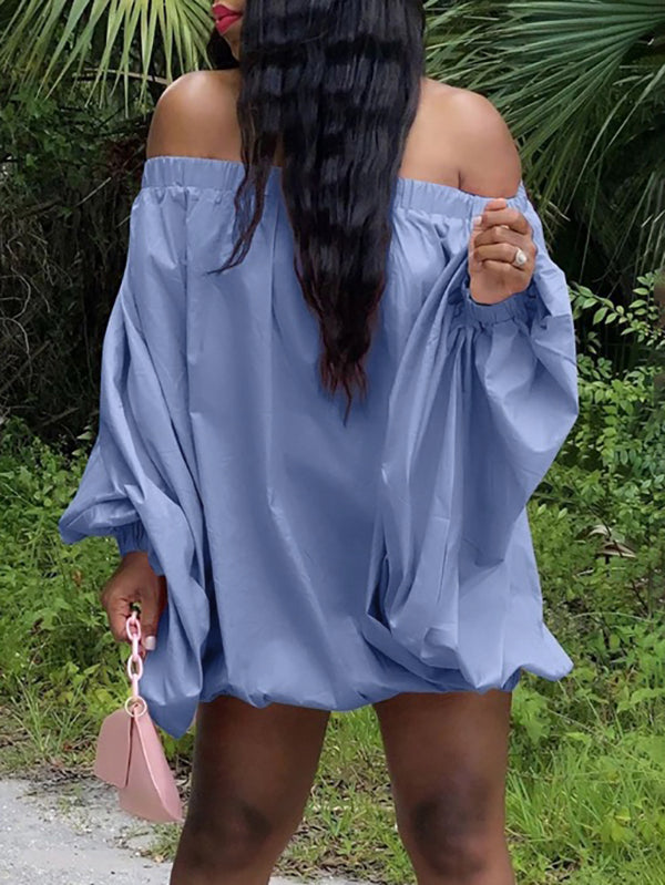 Long Sleeves Loose Elasticity Solid Color Off-The-Shoulder Mini Dresses
