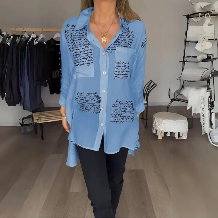 Handwritten Print Button-Up Shirt – Lightweight Artistic Top for Casual & Creative Everyday Styling