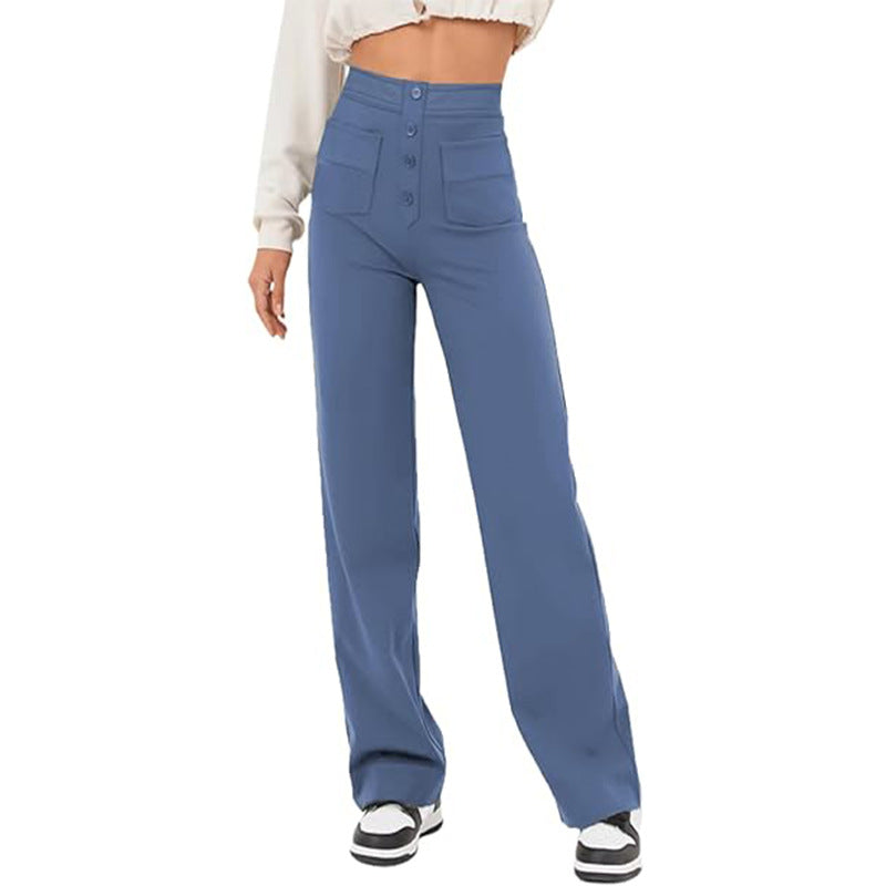 Women’s High-Waist Wide-Leg Trousers – Tailored Straight Pants with Button Detail