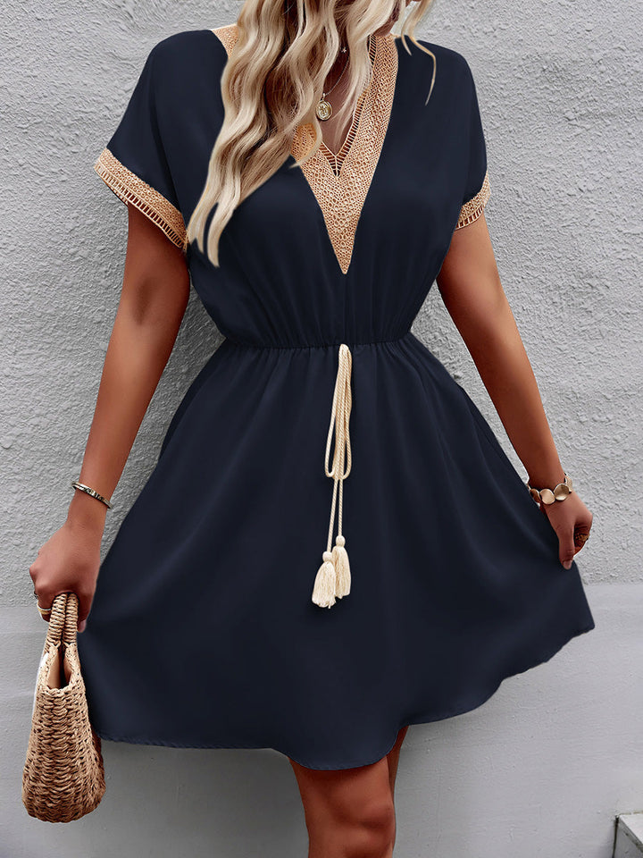 A-Line Elasticated Waist Contrast Color Drawstring Hollow Split-Joint Tasseled Tied V-Neck Mini Dresses