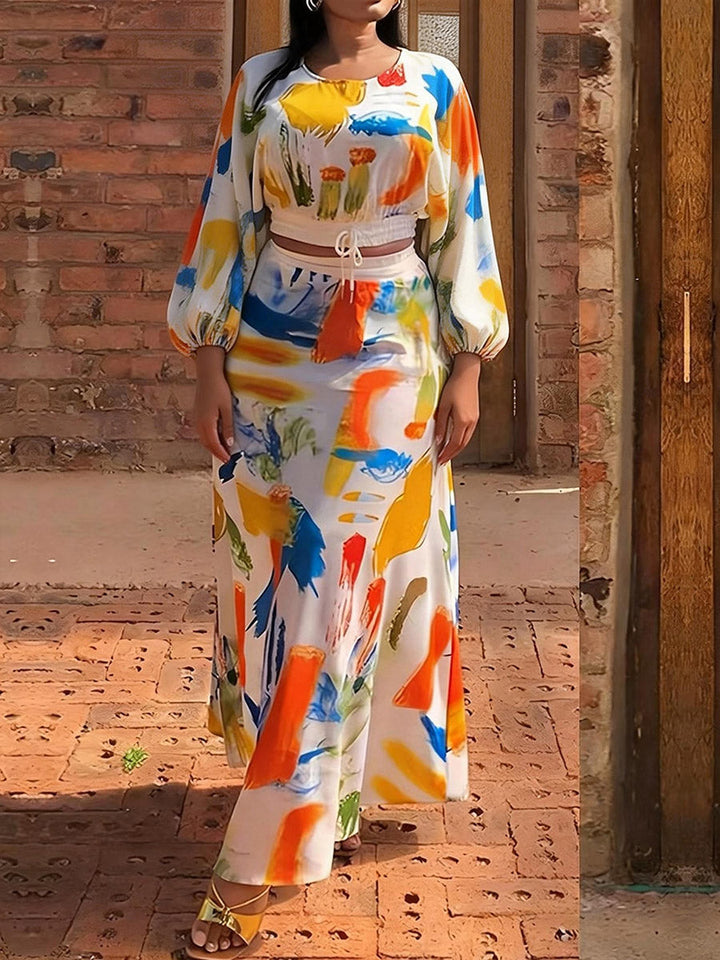 A-Line Elasticated Waist Contrast Color Graffiti Printed Split-Joint Skirts Bottoms