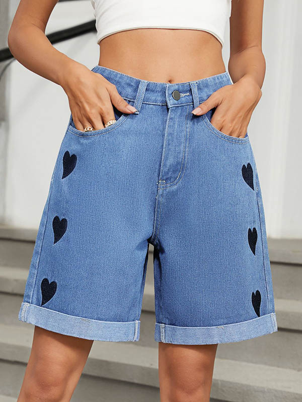 High Waisted Loose Buttoned Heart Print Pockets Half Pants Jean Pants Bottoms