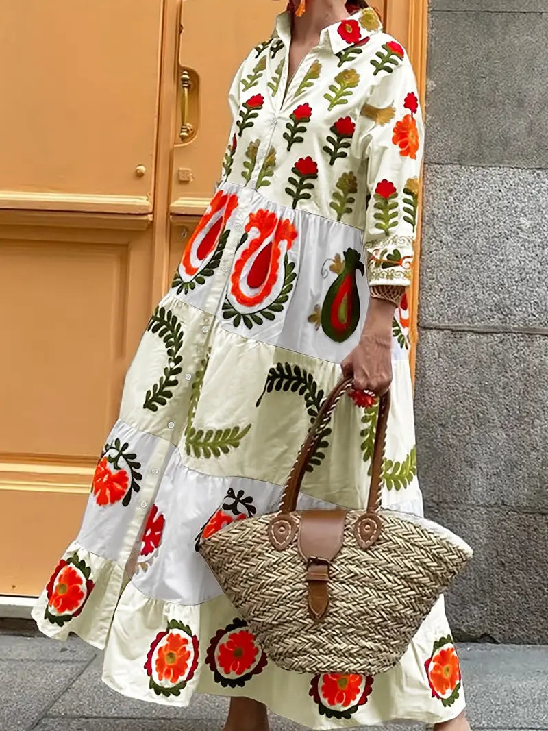 Women’s Lapel Print Long Sleeve Dress – Multi-Buckle Fresh Floral Silhouette