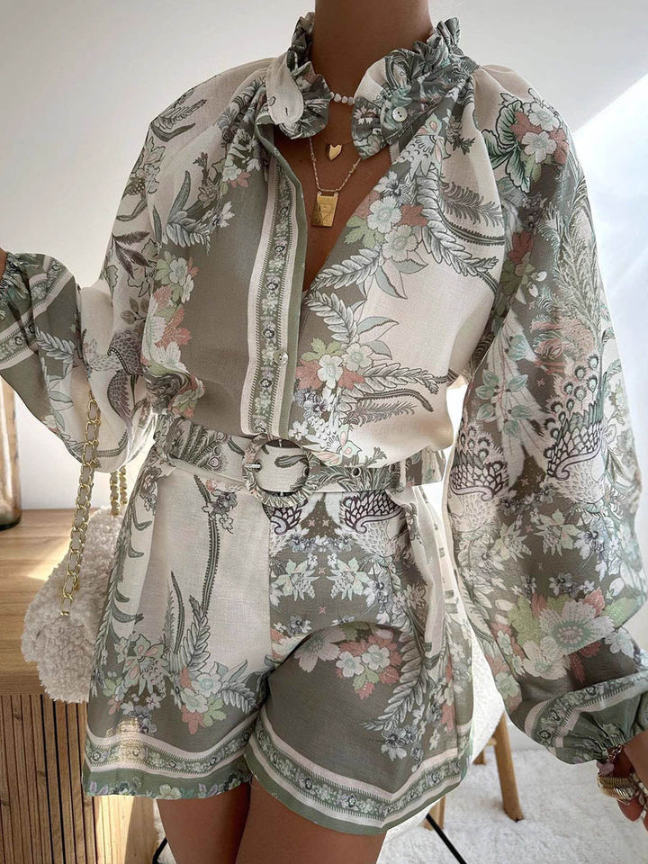 High Waisted Long Sleeves Belted Buttoned Contrast Color Elasticity Flower Print Ruffled Split-Joint Stand Collar Blouses&Shirts Tops + Shorts Bottoms Two Pieces Set