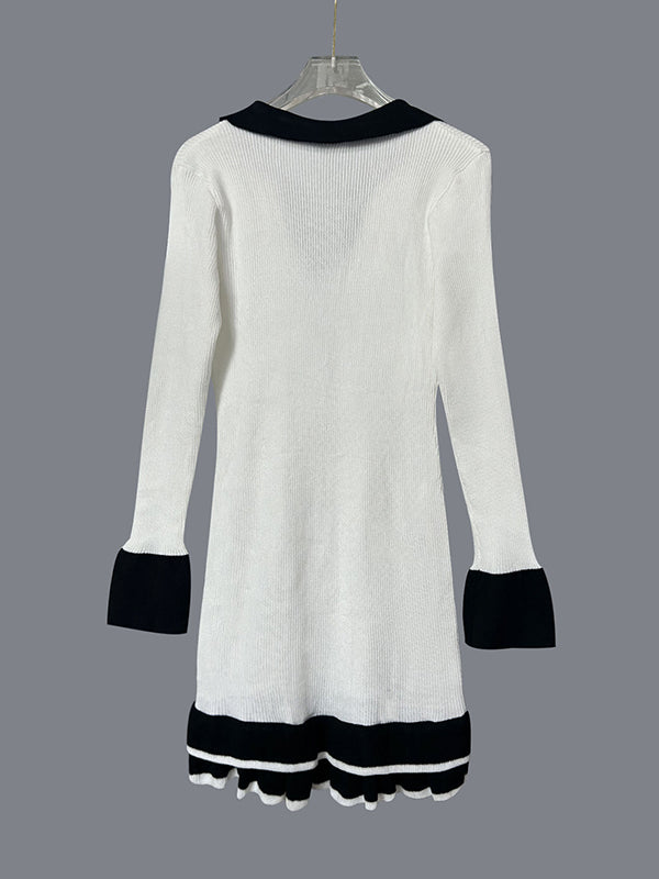 Bodycon High Waisted Buttoned Contrast Color Ruffled V-Neck Knit Dresses Mini Dresses