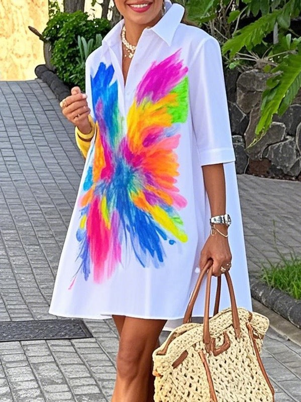 Half Sleeves Loose Buttoned Contrast Color Printed Lapel Mini Dresses Shirt Dress