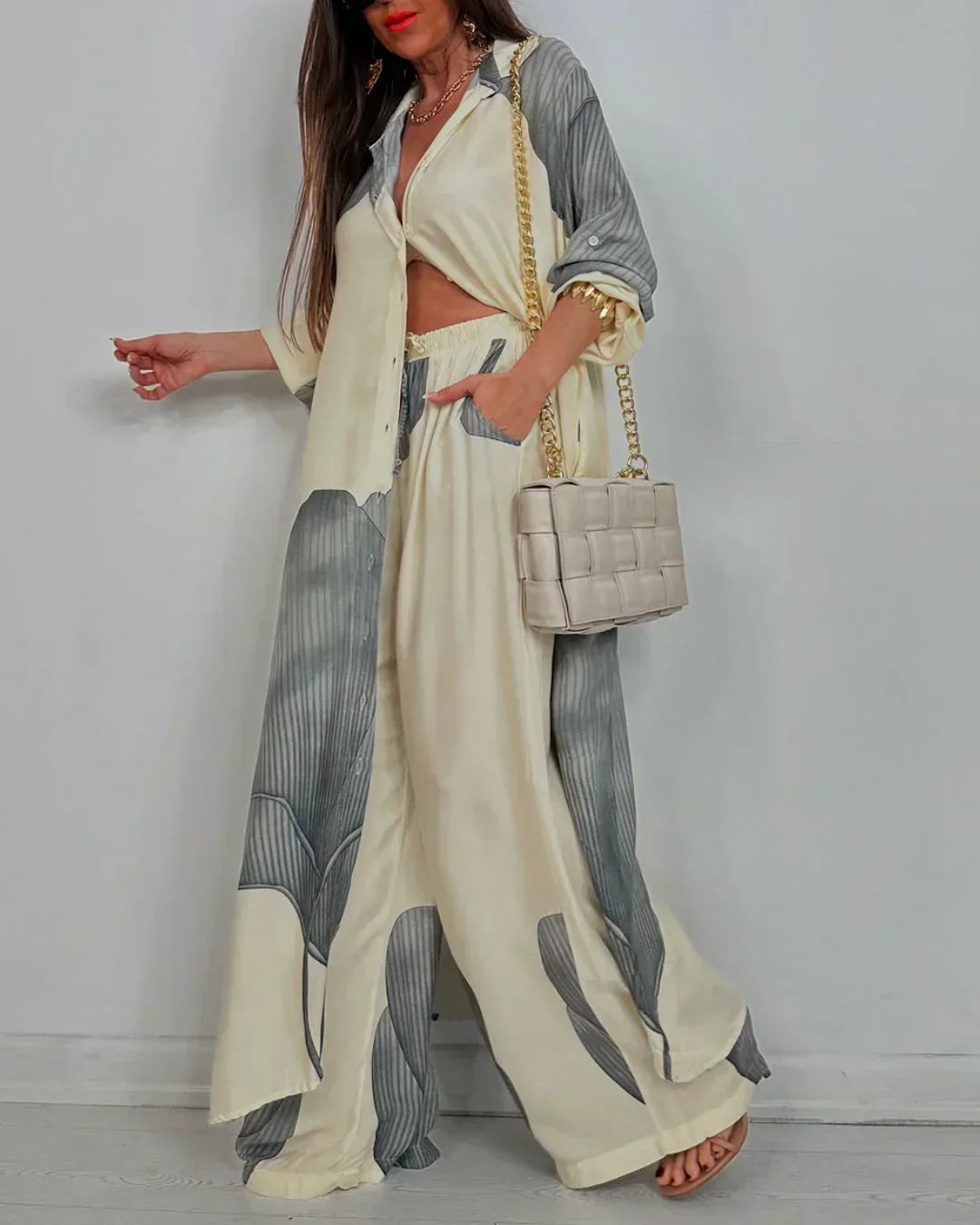 Skye - Stylish Patchwork Printed Top & Wide Leg Pants Set for a Chic Look