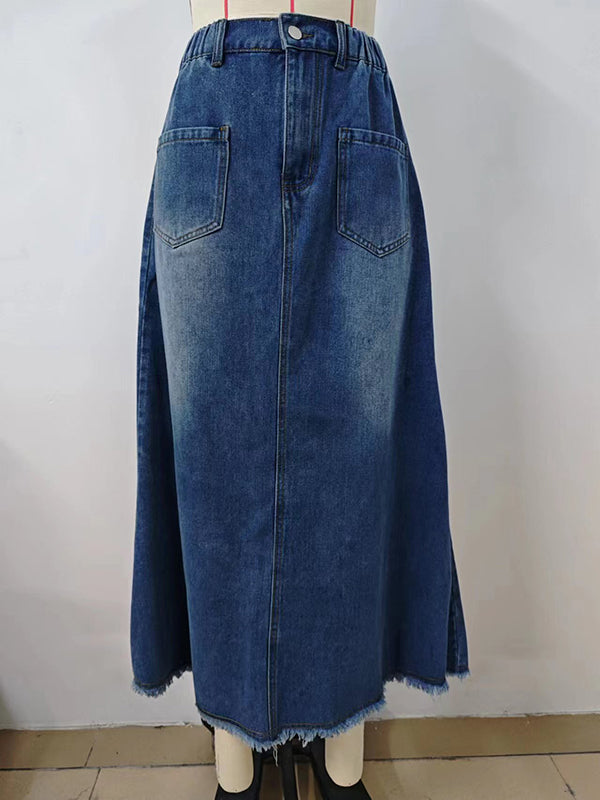 A-Line Loose Buttoned Elasticity Fringed Pockets Split-Joint Skirts Bottoms