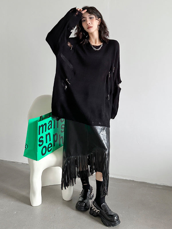 A-Line Irregularity Asymmetric Buttoned Crocodile Texture Solid Color Tasseled Skirts Bottoms