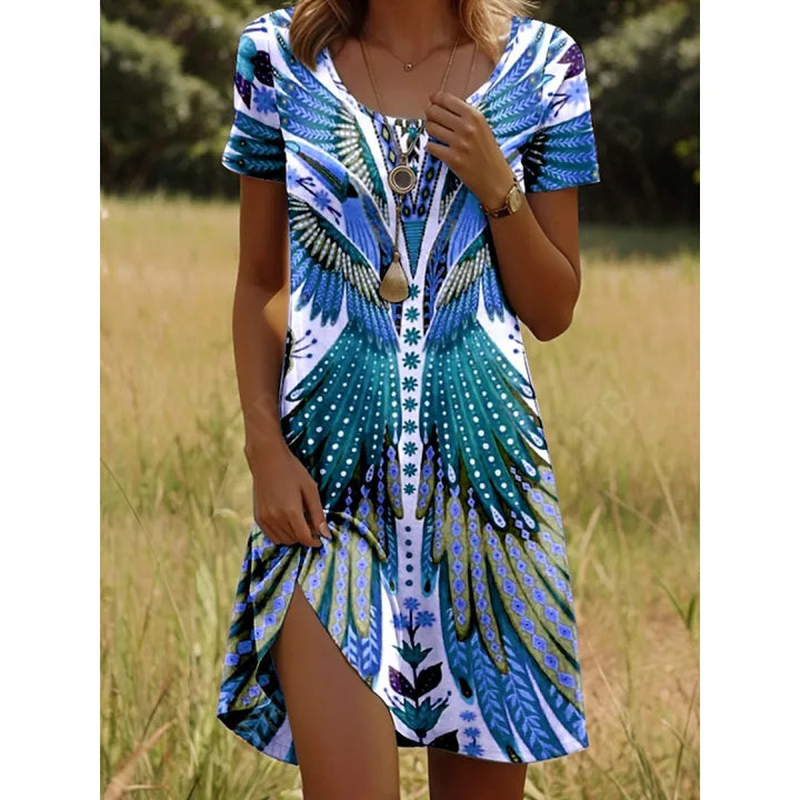 Women’s Printed Round Neck Short Sleeve Dress – Artistic Peacock & Floral Design