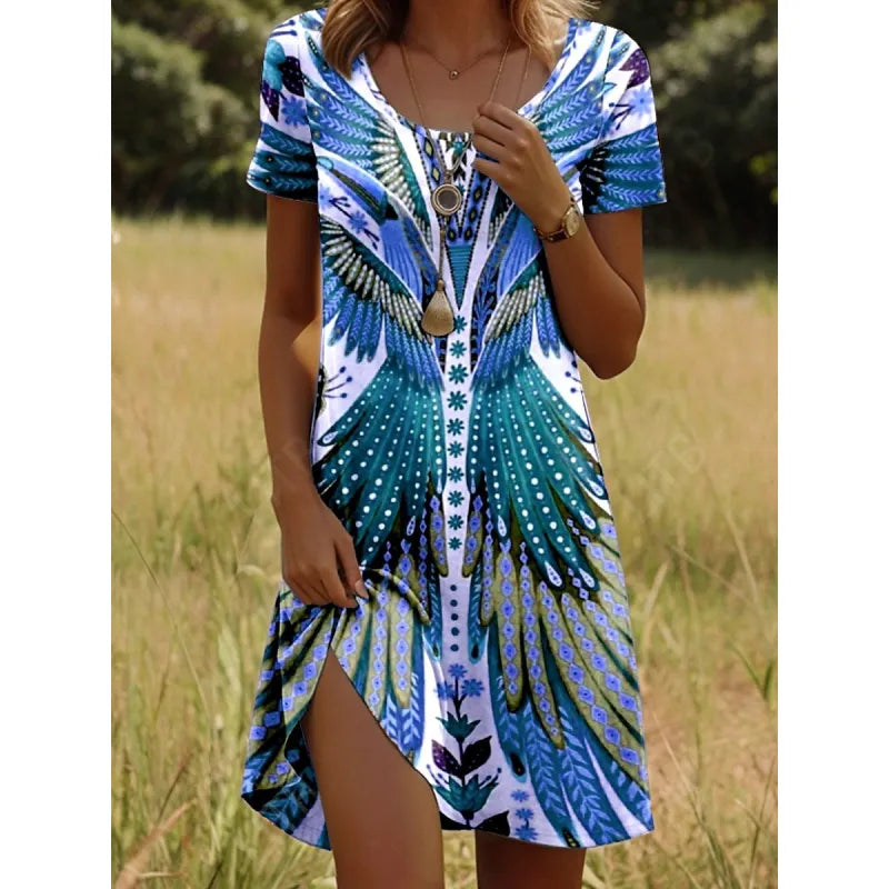 Women’s Printed Round Neck Short Sleeve Dress – Artistic Peacock & Floral Design