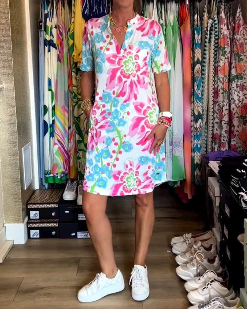 Ivendra - Short Sleeve Floral Print Dress