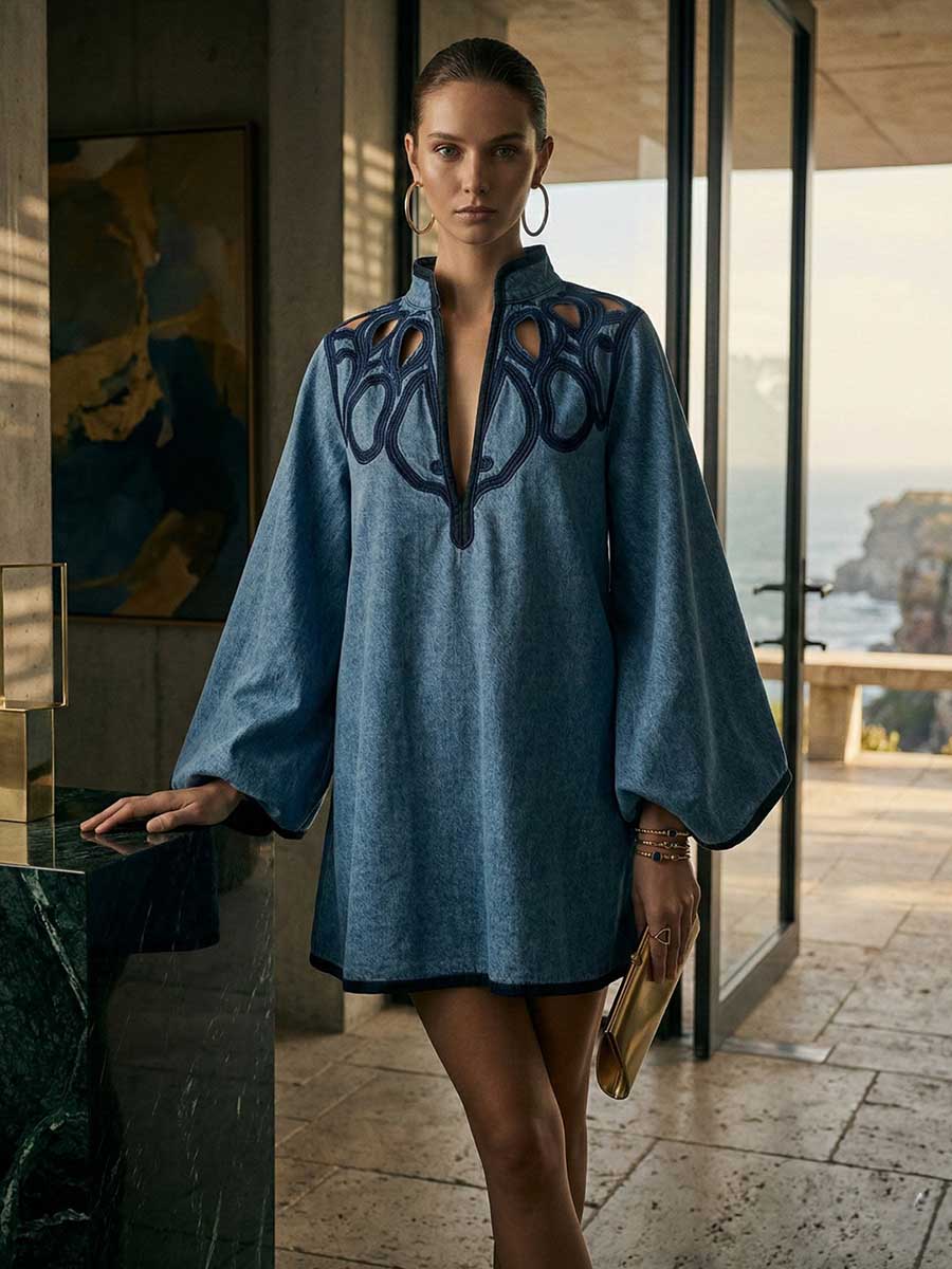 A-Line Long Sleeves Contrast Color Hollow Split-Joint Stand Collar Mini Dresses