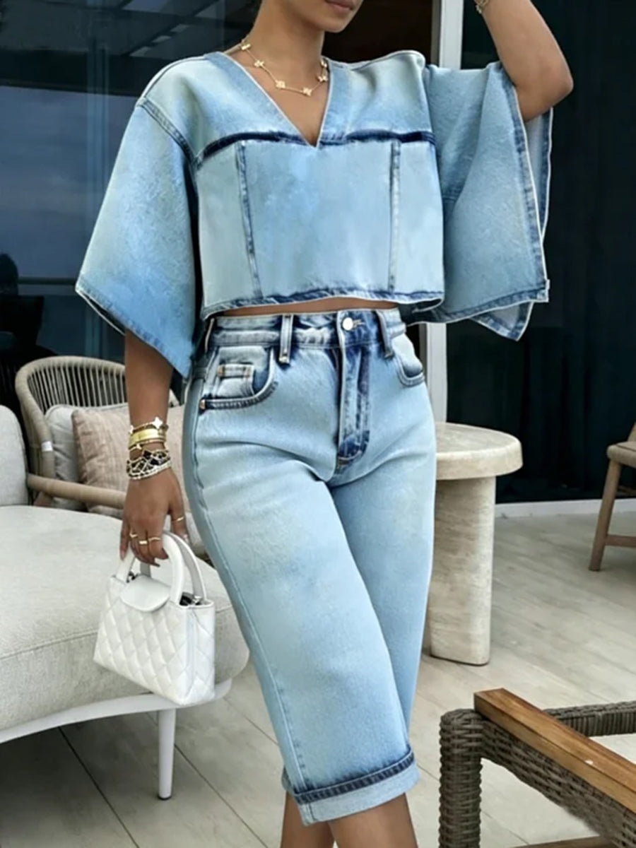 High Waisted Buttoned Contrast Color Pockets Split-Joint Denim Shorts