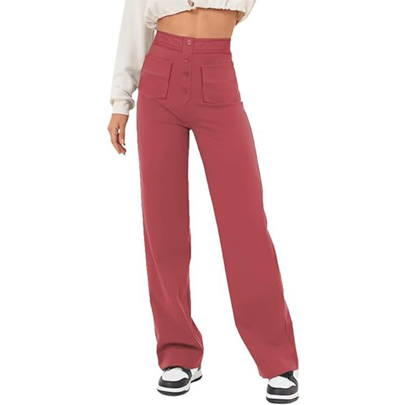Women’s High-Waist Wide-Leg Trousers – Tailored Straight Pants with Button Detail
