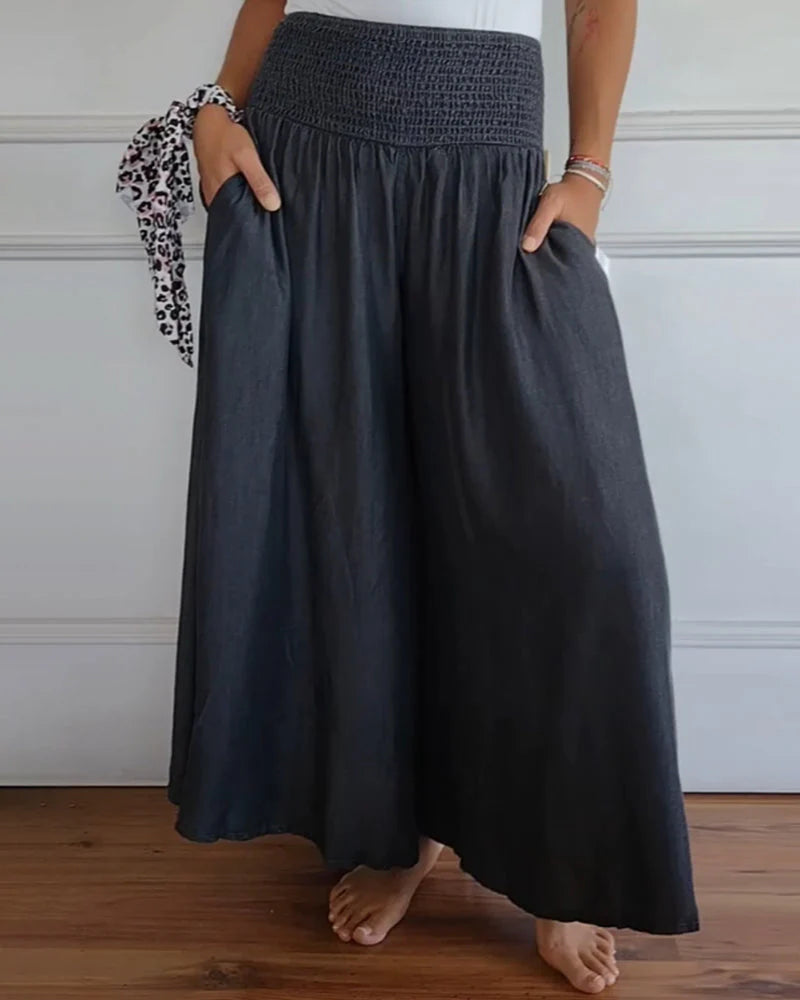 Comfy Wide-Leg Pants – High Waist Smocked Trousers for Casual & Lounge Wear