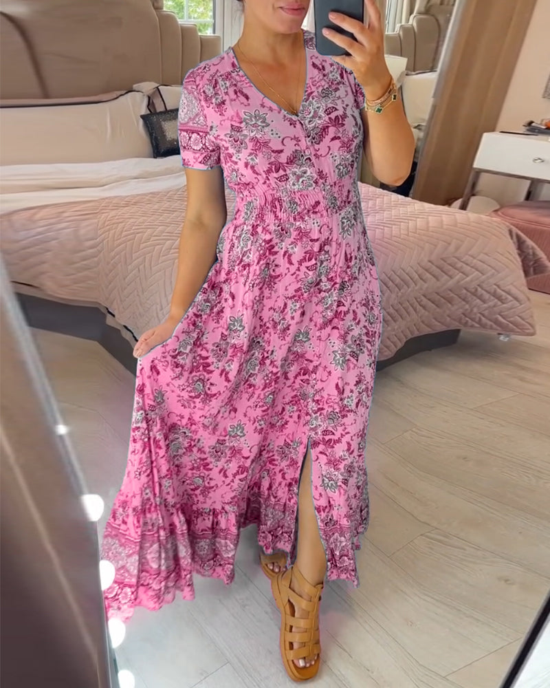 Ellie - Elegant Floral V-Neck Pleated Hem Dress
