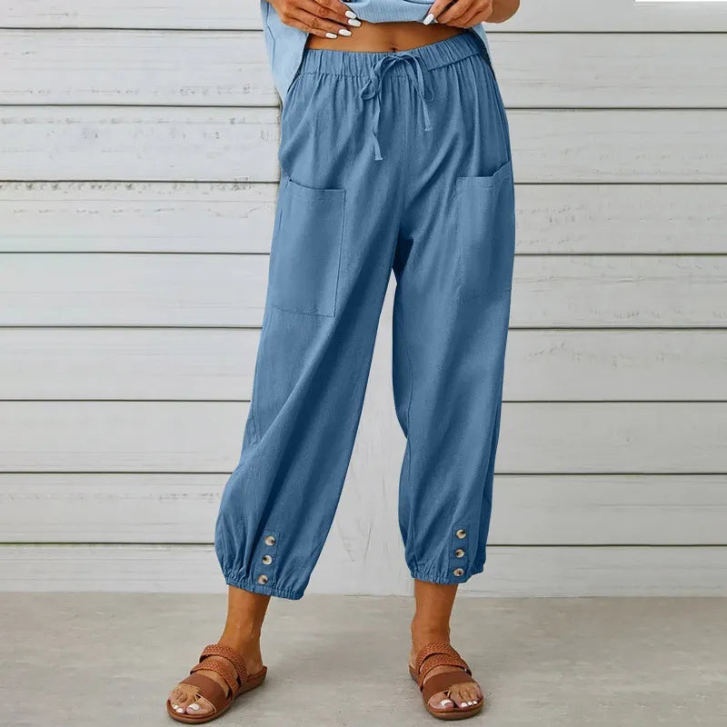 Women’s High-Waist Cotton & Linen Cropped Trousers – Wide-Leg Button Detail Fit