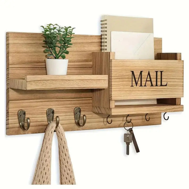 Wooden Wall-Mounted Key and Mail Storage Rack