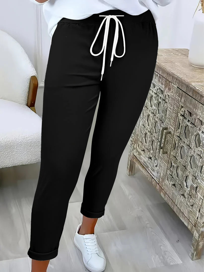 Slim Fit Drawstring Pants – Stretchy Cropped Trousers for Casual Everyday Comfort