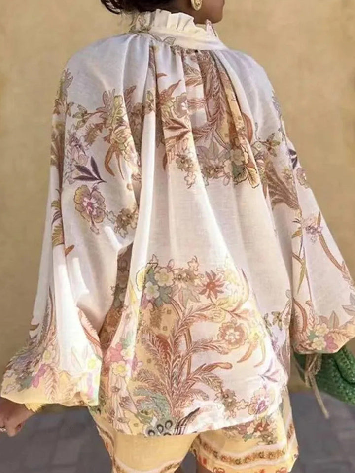 High Waisted Long Sleeves Belted Buttoned Contrast Color Elasticity Flower Print Ruffled Split-Joint Stand Collar Blouses&Shirts Tops + Shorts Bottoms Two Pieces Set