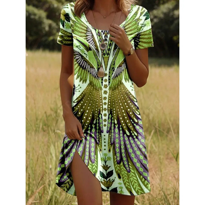 Women’s Printed Round Neck Short Sleeve Dress – Artistic Peacock & Floral Design