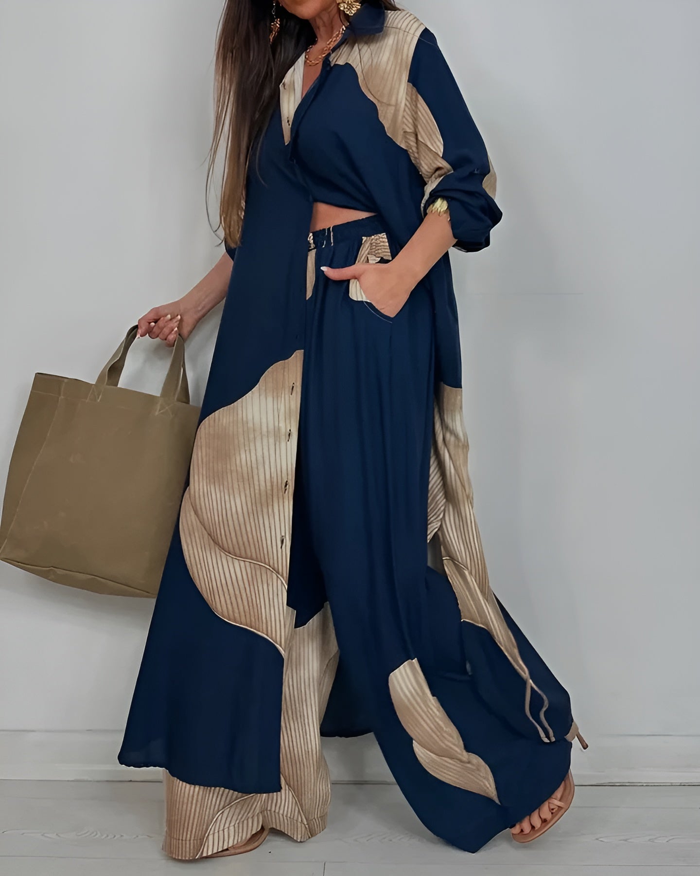 Skye - Stylish Patchwork Printed Top & Wide Leg Pants Set for a Chic Look