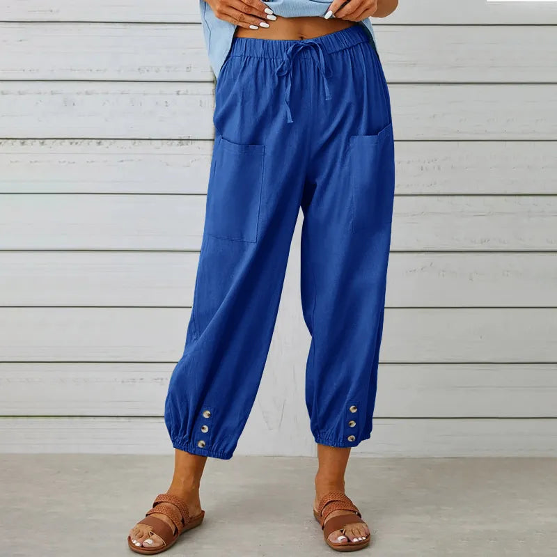 Women’s High-Waist Cotton & Linen Cropped Trousers – Wide-Leg Button Detail Fit