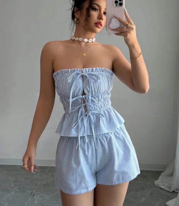 Women’s Striped Two Piece Set Ruffle Top Shorts