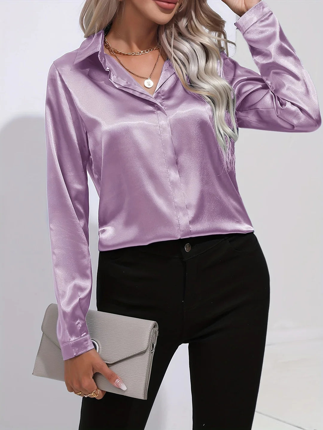 Satin Button-Up Blouse – Elegant Smooth Finish Shirt for Work & Smart Everyday Styling
