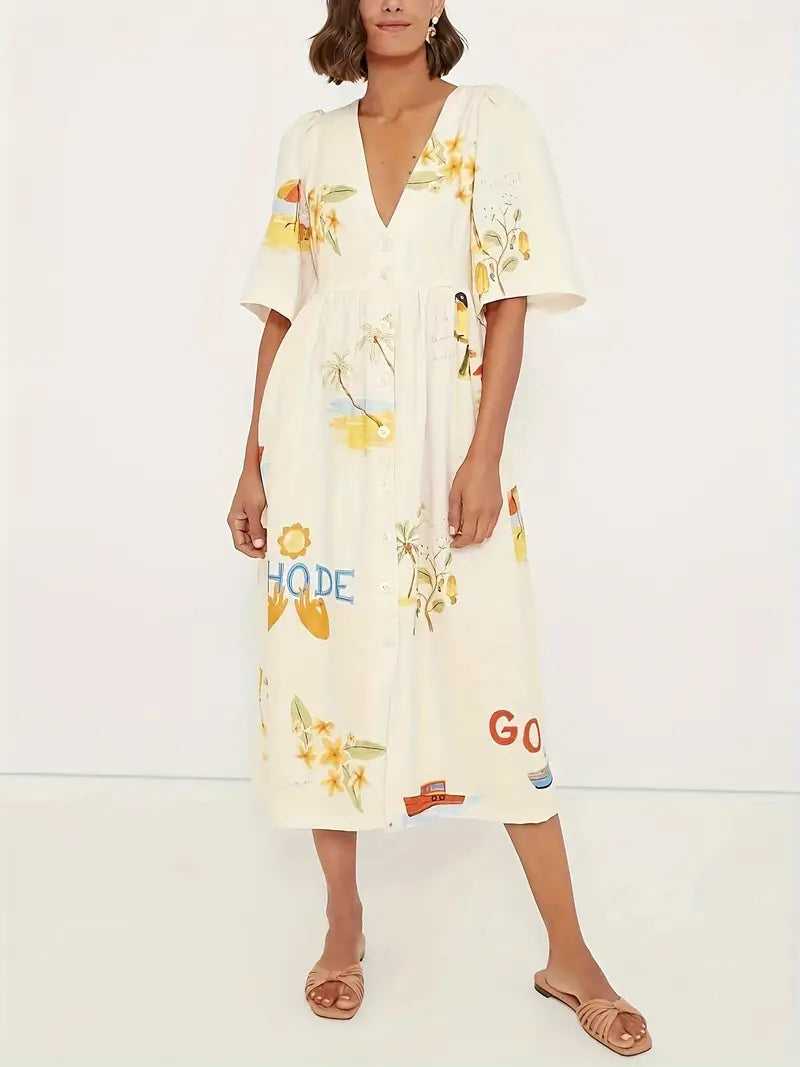 Women’s Puff Sleeve A-Line Dress – Mid-Length Floral Vacation Style